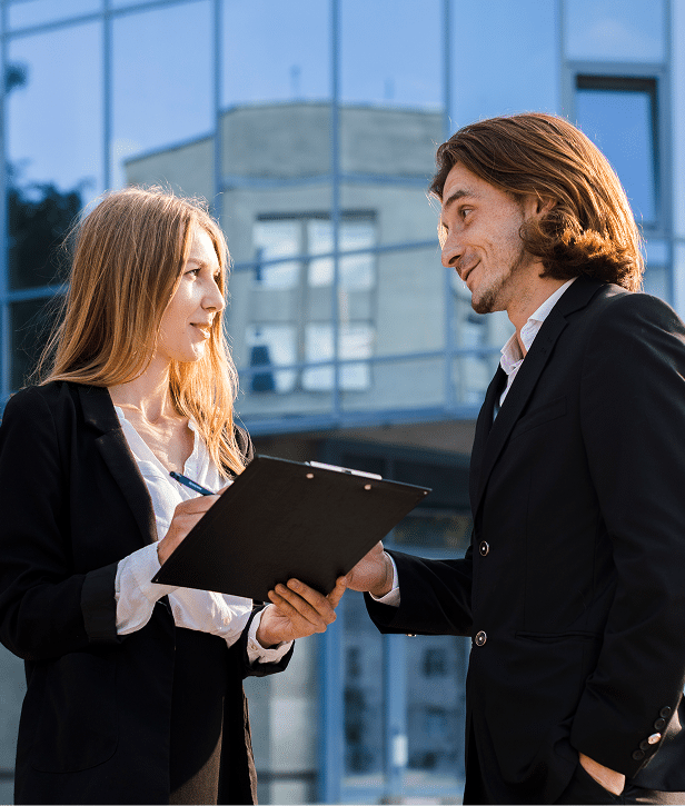 cheerful man talking woman 1 1